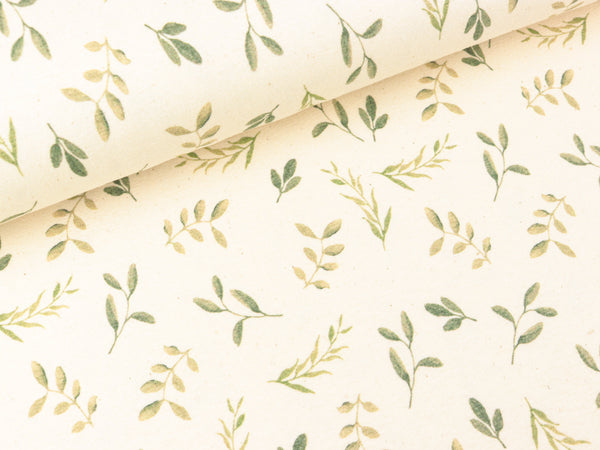 Baumwolljersey Naturel Zarte Zweige grün auf Natur