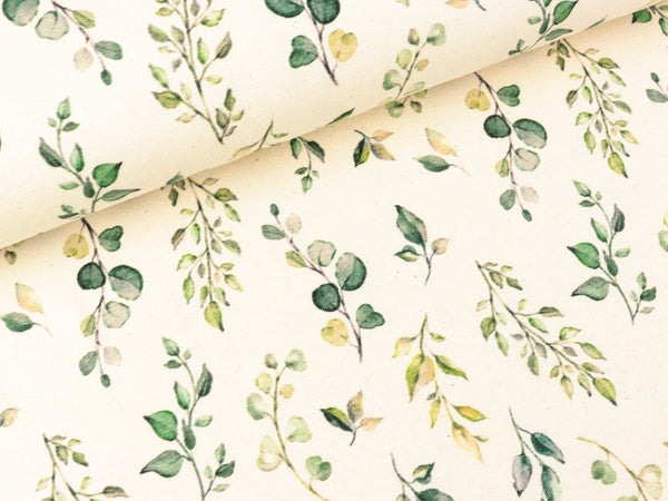 Baumwolljersey Naturel Eukalyptuszweige grün auf Natur