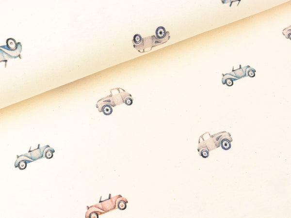 Baumwolljersey Naturel Kleine Autos bunt auf Natur