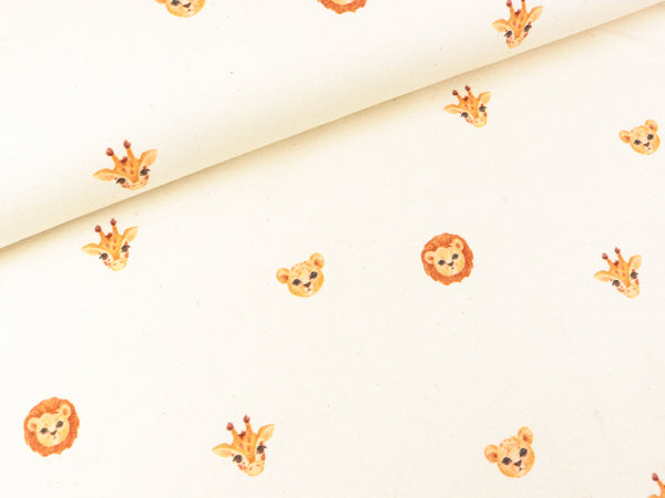 Baumwolljersey Naturel Kleine Löwen und Giraffen bunt auf Natur