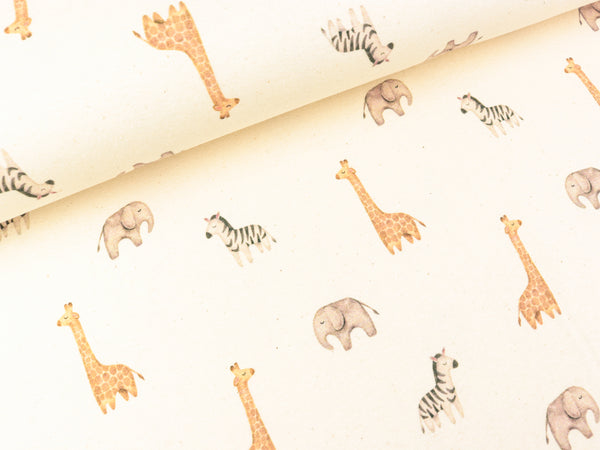 Baumwolljersey Naturel Elefanten, Zebras und Giraffen bunt auf Natur