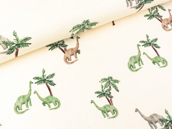 Baumwolljersey Naturel Dinosaurier unter Palmen bunt auf Natur