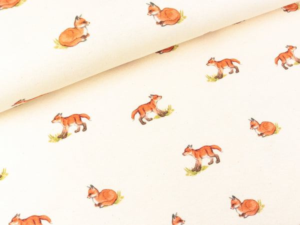 Baumwolljersey Naturel Kleine Füchse bunt auf Natur