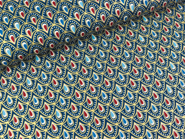 Baumwoll Popeline Tropfen bunt auf Blau mit goldenem Foliendruck