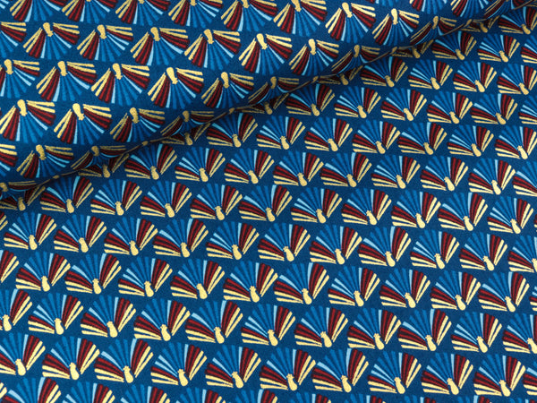 Baumwoll Popeline Fächer bunt auf Blau mit goldenem Foliendruck