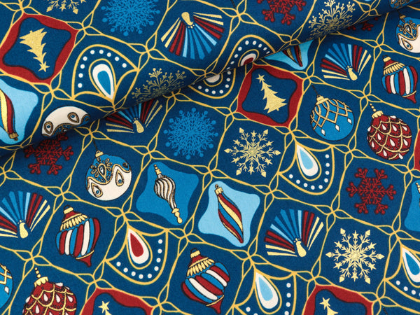 Baumwoll Popeline Christbaumschmuck bunt auf Blau mit goldenem Foliendruck