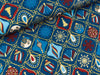 Baumwoll Popeline Christbaumschmuck bunt auf Blau mit goldenem Foliendruck