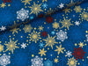Baumwoll Popeline Schneeflocken bunt auf Blau mit goldenem Foliendruck
