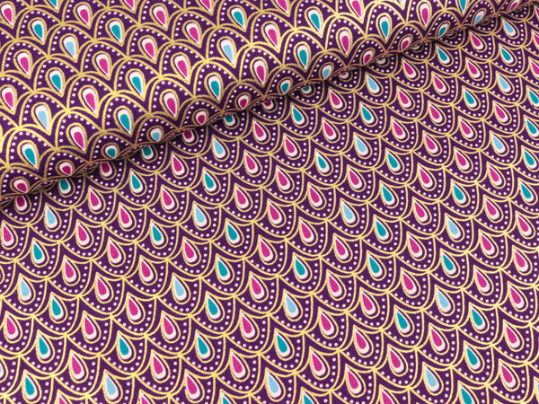 Baumwoll Popeline Tropfen bunt auf Violett mit goldenem Foliendruck