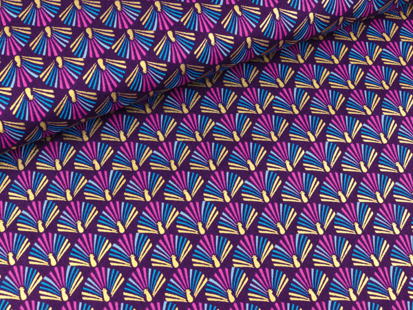 Baumwoll Popeline Fächer bunt auf Violett mit goldenem Foliendruck