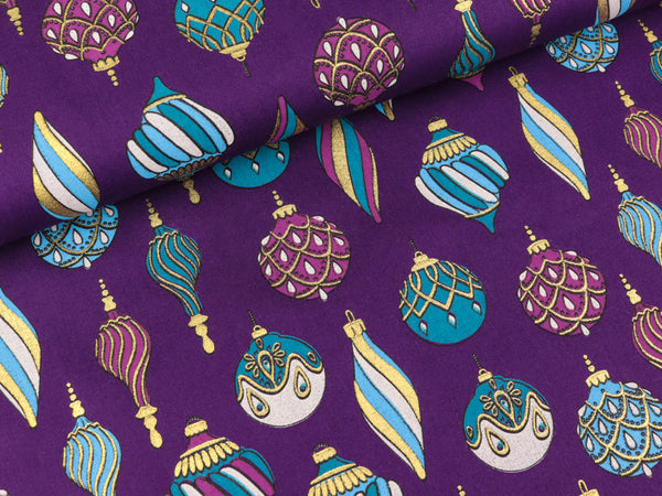 Baumwoll Popeline Weihnachtskugeln bunt auf Violett mit goldenem Foliendruck