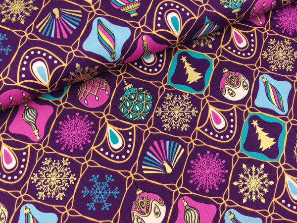Baumwoll Popeline Christbaumschmuck bunt auf Violett mit goldenem Foliendruck