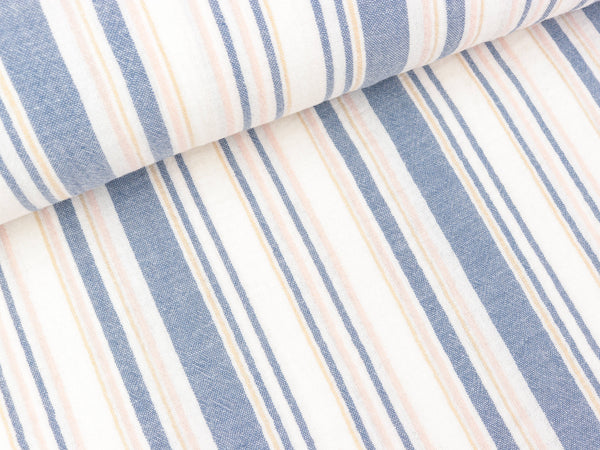 Baumwoll Double Gauze Yarn Dyed Längsstreifen weiß-jeansblau-rosa-bunt