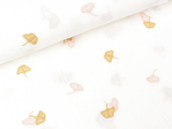 Baumwoll Double Gauze Gestickte Gingkoblätter beige-rosa auf Weiß