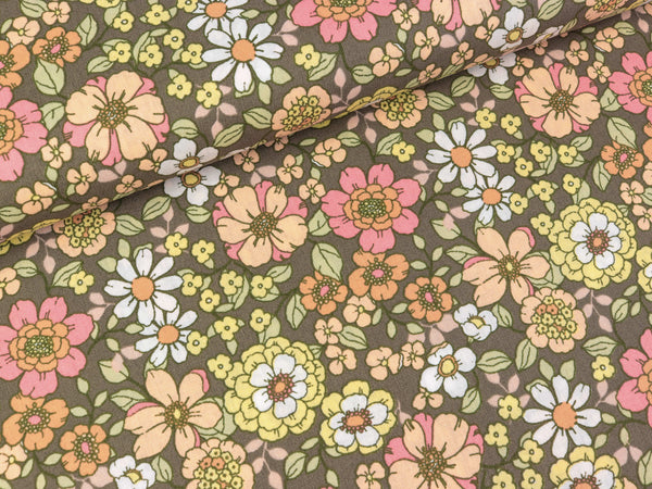 Baumwollpopeline Flowers bunt auf Oliv