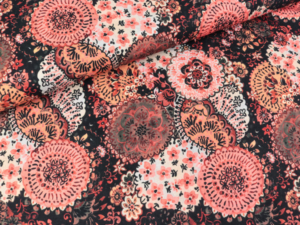 Baumwollpopeline Flowers bunt auf Schwarz Digitaldruck