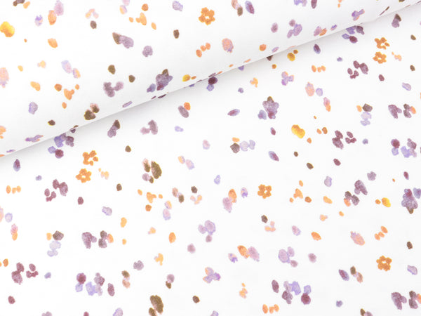Baumwolljersey Mini Flowers and Leaves lavendel-bunt auf Weiß Digitalprint