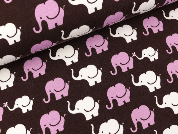 Baumwollsweat Elephant Parade flieder-weiß auf dunklem Bordeaux
