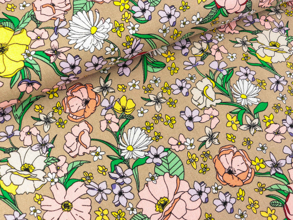 Gewebtes Viskoseleinen Bunte Blumen auf Beige