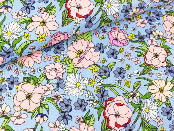 Gewebtes Viskoseleinen Bunte Blumen auf Hellblau