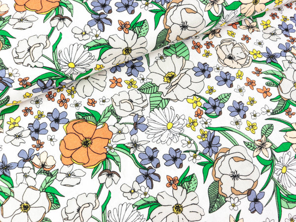 Gewebtes Viskoseleinen Bunte Blumen auf Weiß