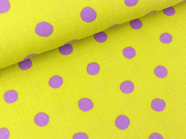Baumwoll Double Gauze Color Dots flieder auf Lime