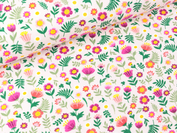 Baumwolljersey Bunte Blümchen auf Hellrosa