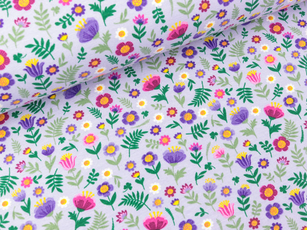 Baumwolljersey Bunte Blümchen auf Flieder