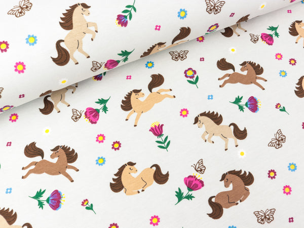 Baumwolljersey Glückliche Pferde auf Lichtgrau