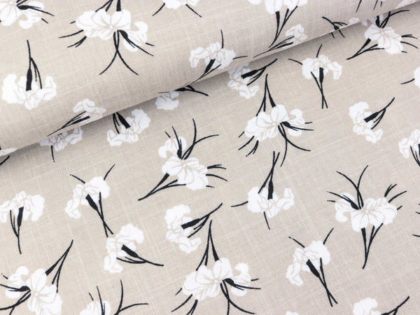 Gewebter Stretch Viskosestoff Blumen weiß auf Beige