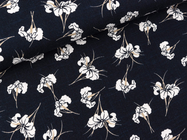 Gewebter Stretch Viskosestoff Blumen weiß auf Navy