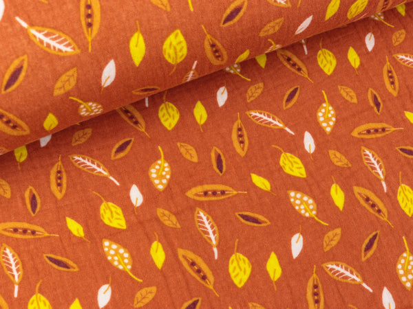 Baumwoll Double Gauze Kleine bunte Blätter auf Ziegel