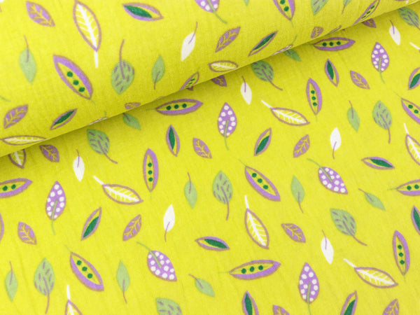 Baumwoll Double Gauze Kleine bunte Blätter auf Lime