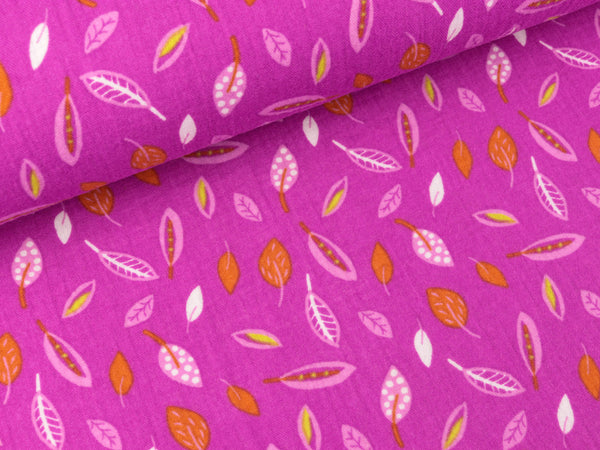 Baumwoll Double Gauze Kleine bunte Blätter auf Fuchsia