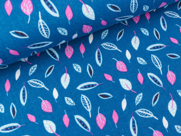Baumwoll Double Gauze Kleine bunte Blätter auf Blau
