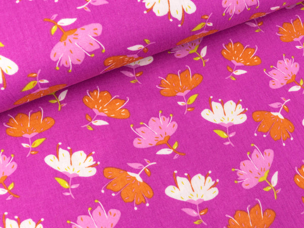 Baumwoll Double Gauze Blumen bunt auf Fuchsia