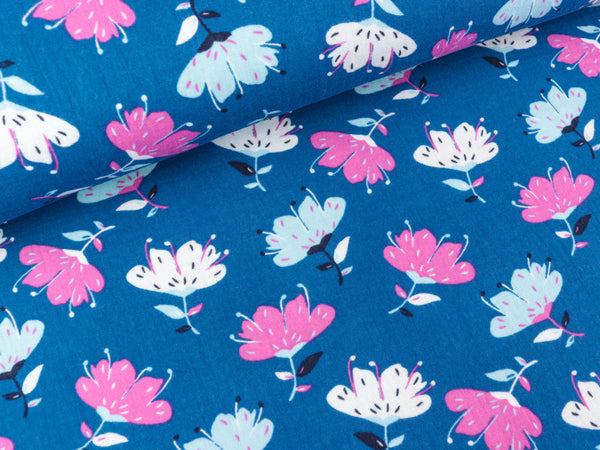 Baumwoll Double Gauze Blumen bunt auf Blau