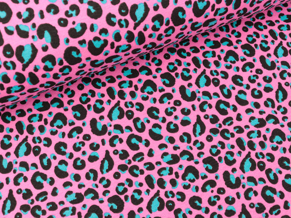 Baumwolljersey Leomuster türkis-schwarz auf Pink