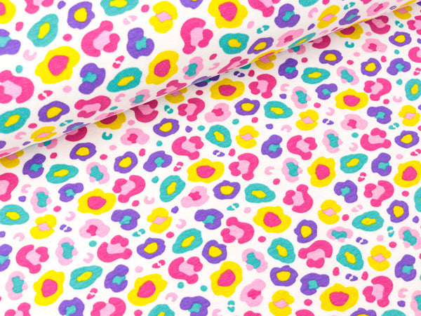 Baumwolljersey Leomuster rosa-pink-lila-bunt auf Weiß