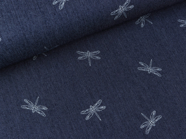 Leichter Jeansstoff Libellen weiß auf dunklem Jeansblau