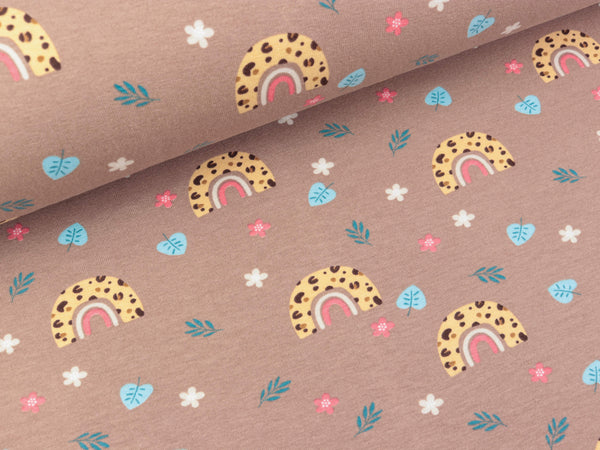 Baumwolljersey Regenbogen und Blümchen bunt auf Camel