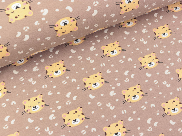 Baumwolljersey Kleine Leopardenköpfe bunt auf Camel