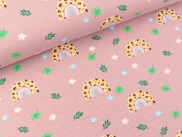 Baumwolljersey Regenbogen und Blümchen bunt auf Altrosa