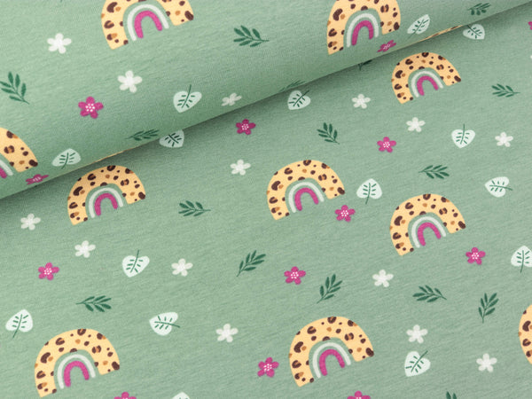 Baumwolljersey Regenbogen und Blümchen bunt auf Oldmint