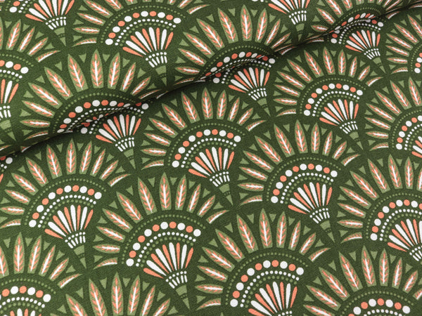 Baumwoll Canvas Bohemia Fächermuster bunt auf Army green