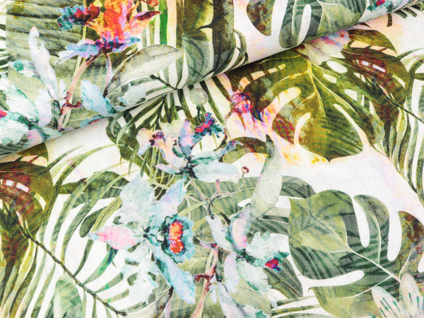 Reiner Leinenstoff Jungle Leaves khaki-bunt Digitalprint