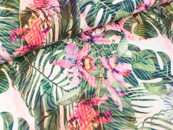 Reiner Leinenstoff Jungle Leaves pink-green-bunt Digitalprint