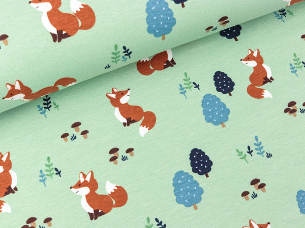 Baumwolljersey Füchse im Wald bunt auf Mint
