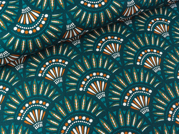 Baumwoll Canvas Bohemia Fächermuster bunt auf Petrol