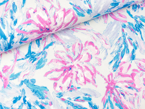 Baumwollsatin Stretch Watercolor Blumen türkis-rose-hellblau auf Zartblau